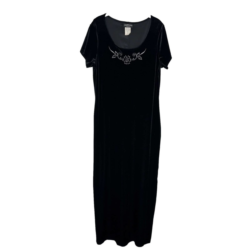 Danielle Casey womens Black Stretch Floral Velvet Short Sleeve Maxi Dress Sz 14